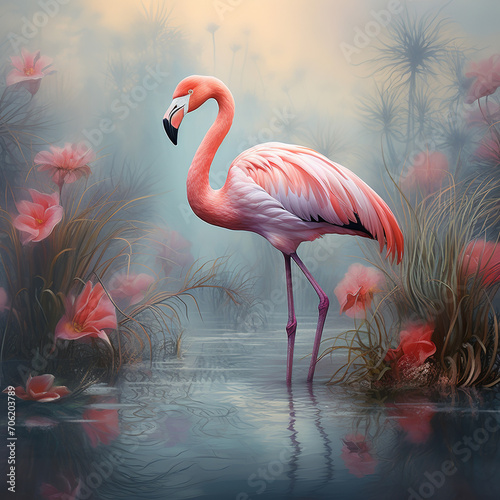 Graceful flamingo standing amidst a tranquil marsh