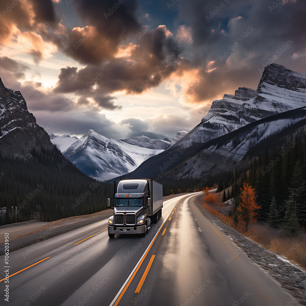 Semi truck on mountain highway Alberta Canada Semi truck on mountain highway Alberta Canada