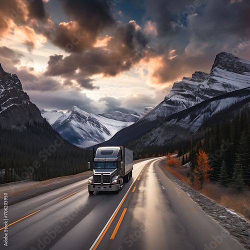 Semi truck on mountain highway Alberta Canada