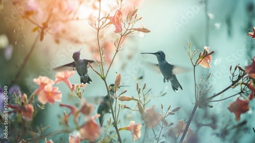  a couple of hummingbirds flying over a bunch of pink and purple flowers in a field of wildflowers. photo