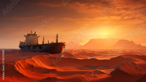 Ship oil tanker in the middle of the desert.