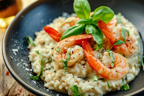 Creamy Shrimp Risotto with Basil in a Bowl on Wooden Table
