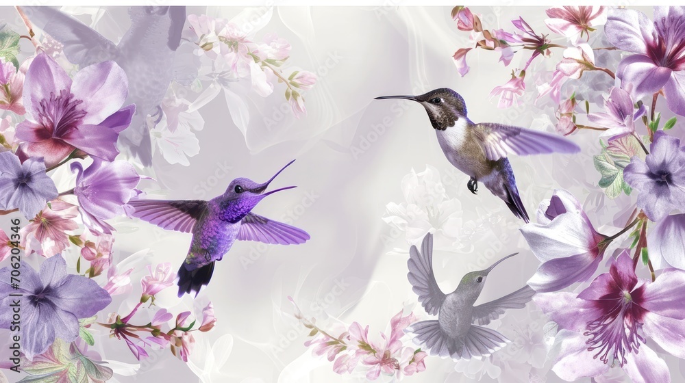  a couple of birds flying next to a bunch of purple and white flowers on a white and purple wallpaper.