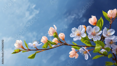 Watercolor spring illustration, holiday card, banner with a blossoming twig of an apple tree on a background of blue sky.