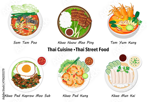 Thai Street Food. Delicious Thai food vector set. Vector Thai food, papaya salad, chicken rice, khao pad, stir fry, tom yum kung, , grill slice pork with sticky rice. PNG.