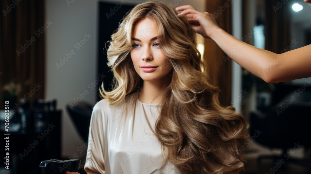 Naklejka premium A satisfied smiling client is a woman with long hair in a beauty salon. Small business in the service sector, work, hobbies, profession, beauty and care concepts.