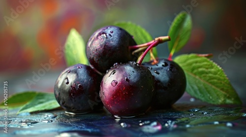  a group of plums sitting on top of a table next to a leafy green leafy green plant.