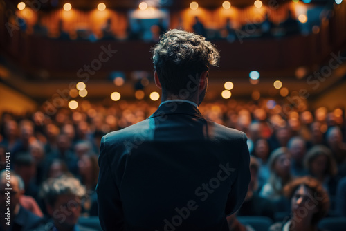 Public speaking, event, seminar. Back view of a man in a suit performing in a theater on stage in front of a crowd of people