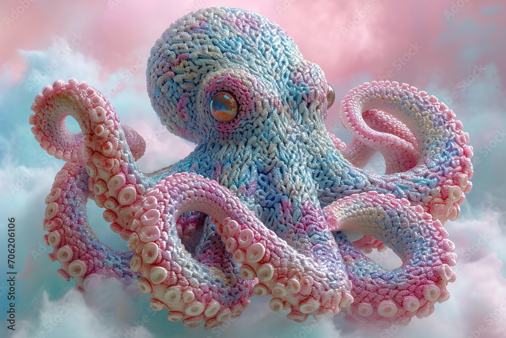 Fototapeta premium A depiction of a knitted Octopus, on a pastel coloored backgrond.