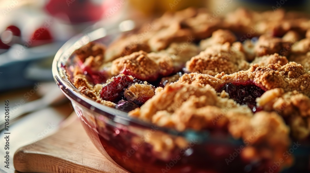 a close up of a pie with crumbs in a glass dish on a wooden cutting board with utensils. a close up of a pie with crumbs in a glass dish on a wooden cutting board with utensils.