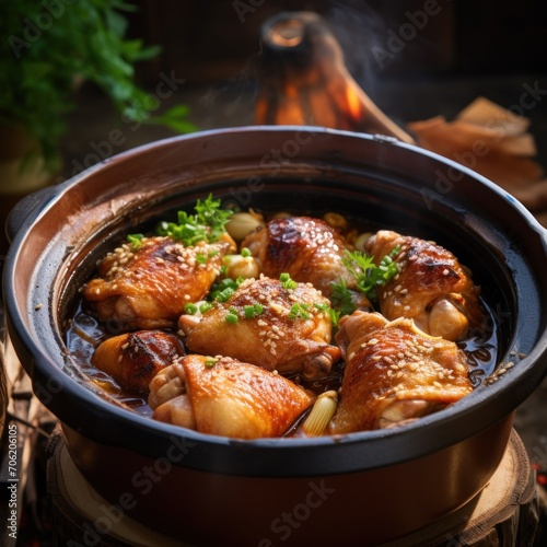  a close up of a pot of food with a fire in the back ground behind it and a pot of food in the foreground.