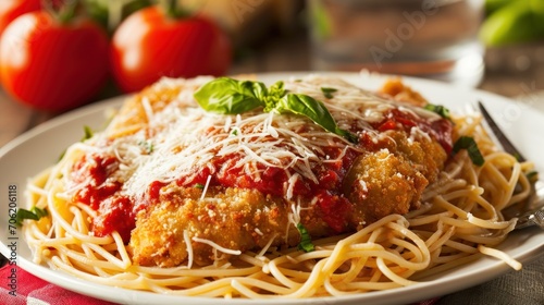  a white plate topped with spaghetti and meat covered in sauce and parmesan cheese with tomatoes in the background.
