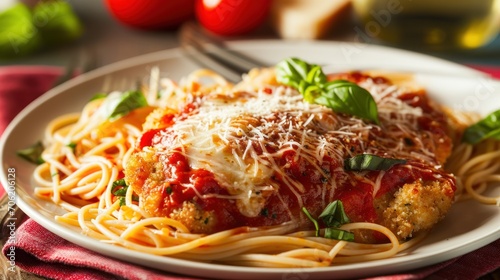  a white plate topped with spaghetti and meat covered in sauce and parmesan cheese on top of a red napkin.