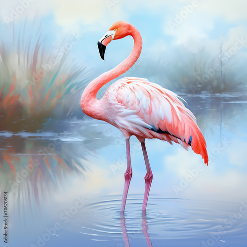 An elegant flamingo wading through a beatiful view