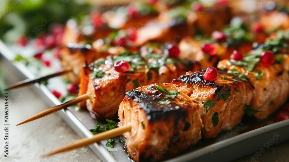  a close up of a plate of food with skewered meat and garnished with pomegranates.