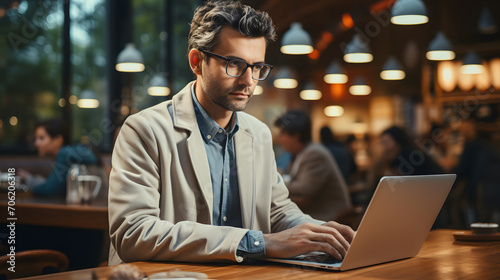 Doctor Works on Laptop Wearing Lab Coat in Coffee Shop. Scientists Work in Front of Computer