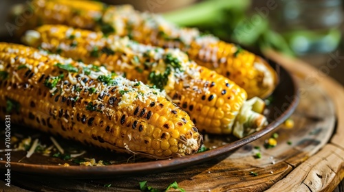  a plate of grilled corn on the cob with parmesan cheese and parsley on the cob. photo