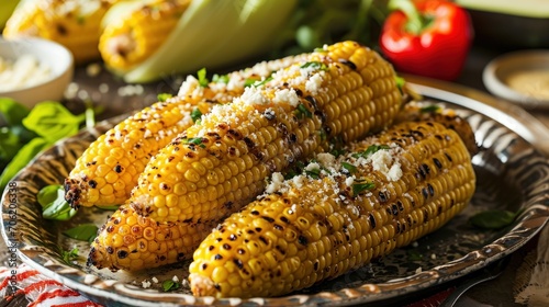  a plate of grilled corn on the cob with parmesan cheese and herbs on the cob.