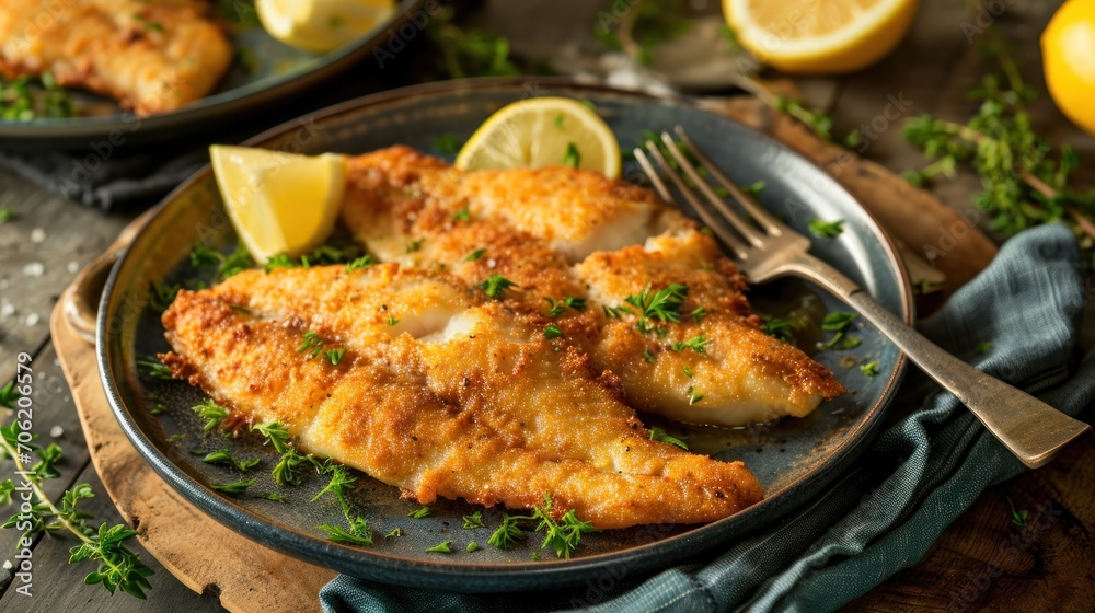  a close up of a plate of fish with lemons and parsley on a table with a knife and fork.