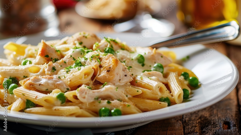 a plate of pasta with chicken, peas, and parmesan cheese with a glass of beer in the background. a plate of pasta with chicken, peas, and parmesan cheese with a glass of beer in the background.
