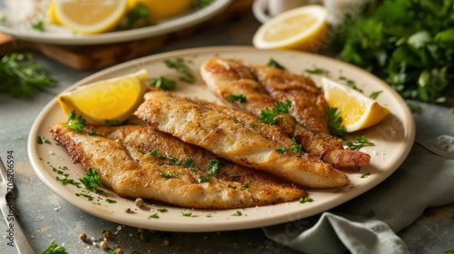  a plate of fish with lemon wedges and parsley on a table next to a plate of lemon wedges and parsley.