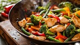  a skillet filled with chicken, broccoli, peppers, and green beans on top of a wooden cutting board.