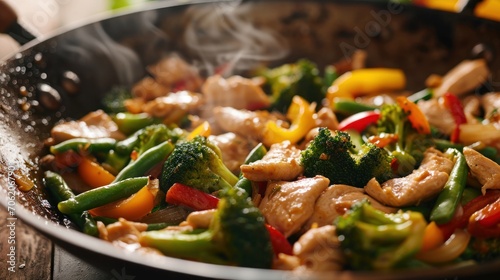  a wok filled with chicken, broccoli, peppers, and other veggies on top of a wooden table.