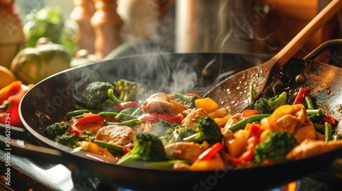  a wok with broccoli, chicken, and peppers cooking in a wok with a wooden spoon.