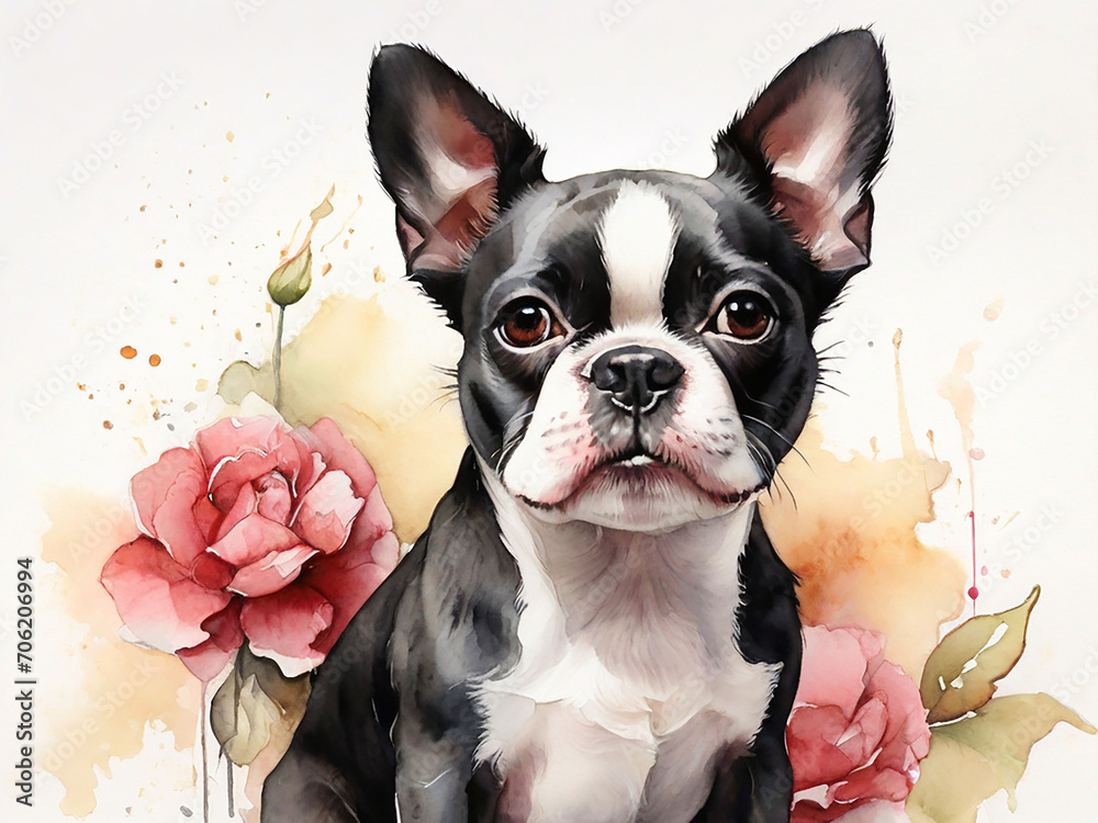 Adorable Boston Terrier Dog in a Watercolor Painting