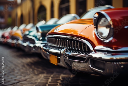 Colorful retro cars parked in a row. Classic cars in a row. Retro exhibition of an old motor vehicle. Row of Blue, Orange, and Red Classic Vintage Cars