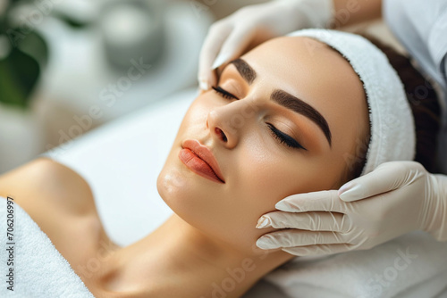 plastic surgery  beauty  Surgeon or beautician touching woman face  surgical procedure 