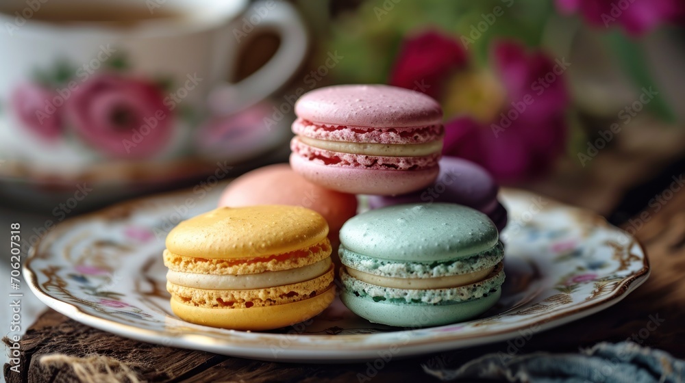  a plate with three macaroons on it next to a cup of coffee and a vase with pink flowers.