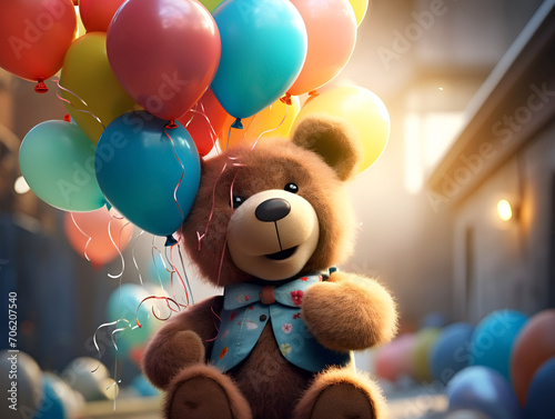 a teddy bear surrounded by floating balloons.