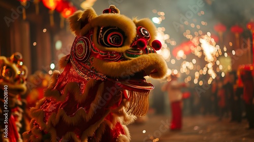 New Year's Lion Dance Spectacle. AI generated illustration