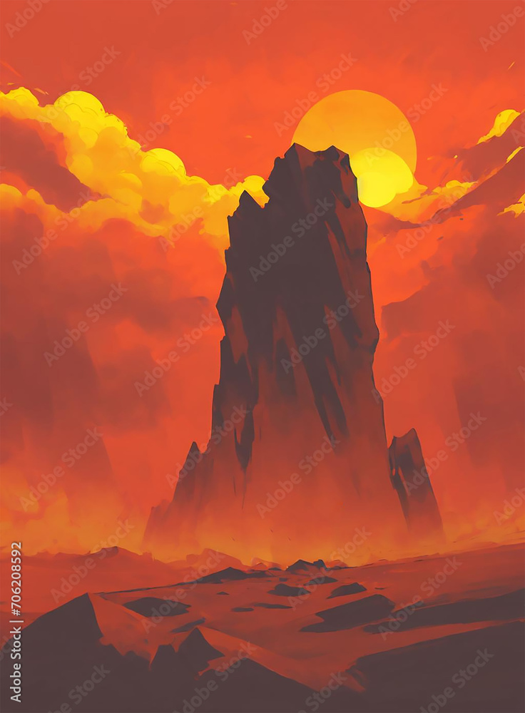 Martian Red Mountain: Illustration of Grandeur and Tranquility