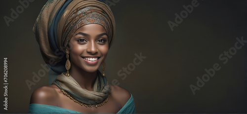 Beautiful Muslim woman smiling and laughing wearing a hijab and decorated shawl