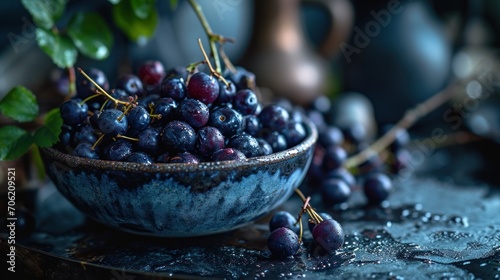  a bowl filled with blue berries sitting on top of a table next to a vase with green leaves on it.
