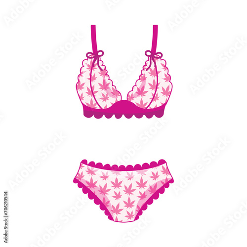 Cute pink lingerie set with marijuana weed cannabis print isolated on a white background. Vector illustration, editable stroke. Panties and bra with girly style y2k. 
