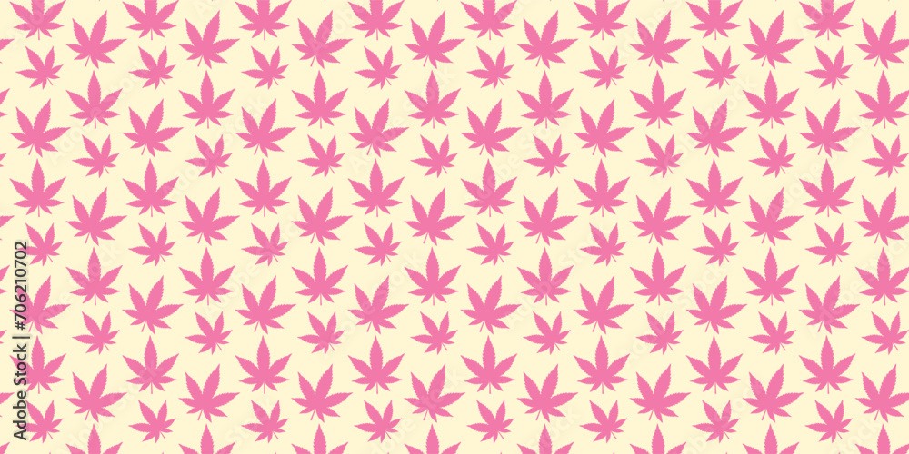 Pink seamless pattern with marijuana, weed, cannabis, leaves, buds. Vector illustration in y2k style, girly pink aesthetic. Trendy background.