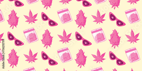 Pink seamless pattern with marijuana, weed, cannabis, leaves, glasses, leaky smiley face, buds. Vector illustration in y2k style, girly pink aesthetic. Trendy background.