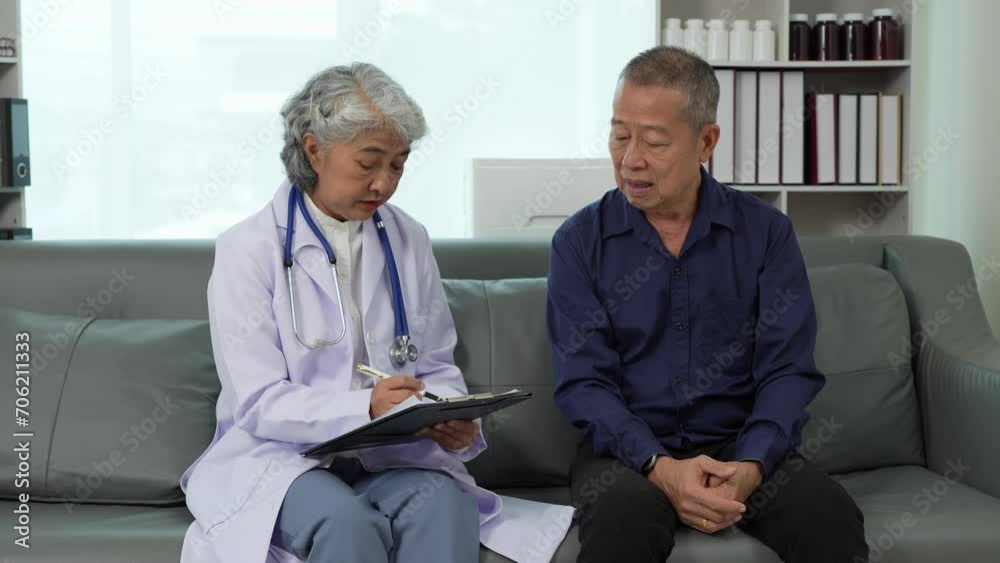 An elderly Asian male patient answers questions from an elderly female doctor. health advice and discuss comprehensive health care in a healthcare environment. Health insurance concept. An elderly Asian male patient answers questions from an elderly female doctor. health advice and discuss comprehensive health care in a healthcare environment. Health insurance concept.