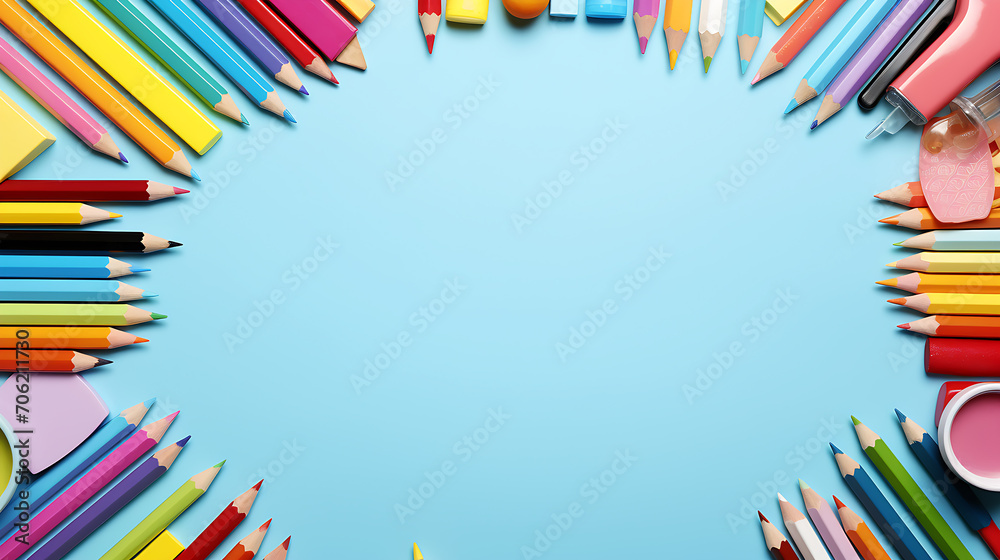 Fototapeta premium Frame of different stationery on light blue background, flat lay. Space for text, back to school