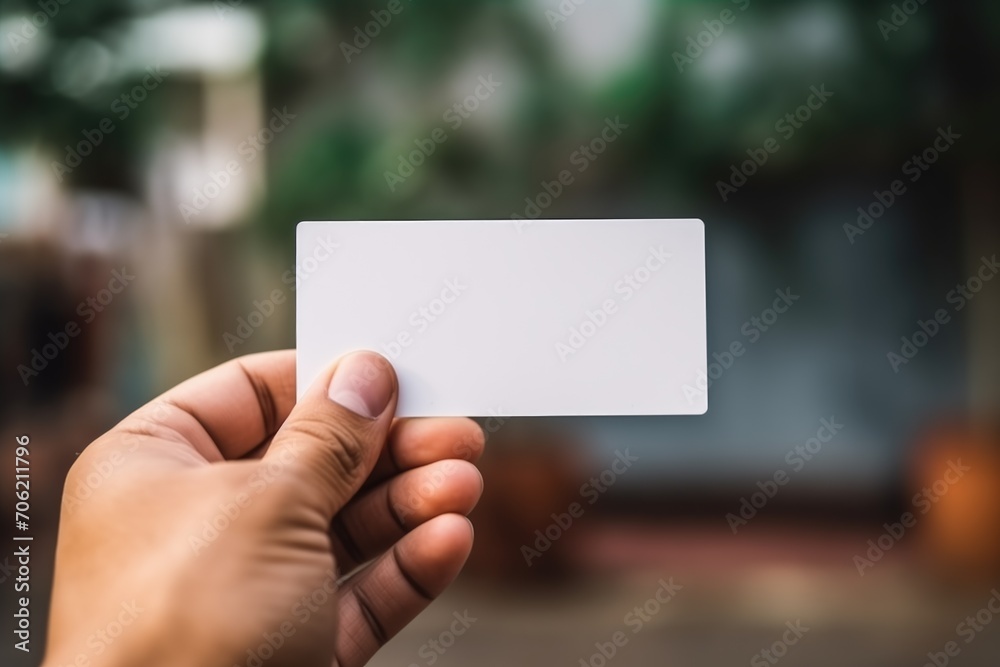 a person holding a small business card mockup. plain white card a person holding a small business card mockup. plain white card
