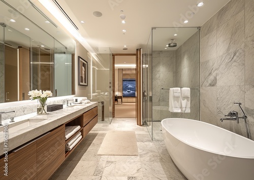 Luxurious Bathroom with Freestanding Bathtub, Marble Countertops, and Rainfall Showerhead - Elegant Home Spa Retreat for Real Estate Listings and Property Inspection