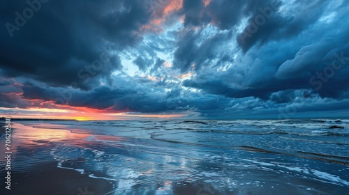  the sun is setting over the ocean with clouds in the sky and the water in the foreground and the beach in the foreground.