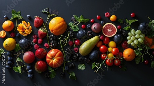  a number of different fruits and vegetables on a black surface, including oranges, raspberries, lemons, grapes, and strawberries.