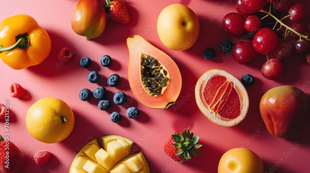 a table topped with fruits and vegetables on top of a pink surface with blueberries, oranges, and raspberries. a table topped with fruits and vegetables on top of a pink surface with blueberries, oranges, and raspberries.