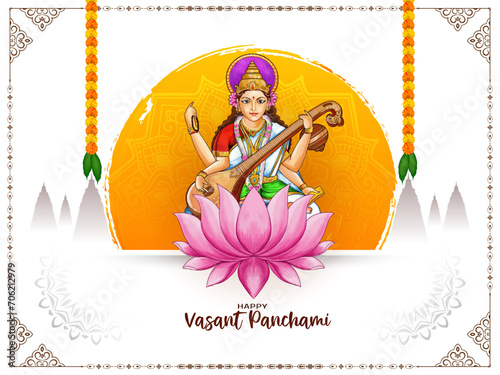 Happy Vasant Panchami Hindu religious festival with goddess Saraswati illustration
