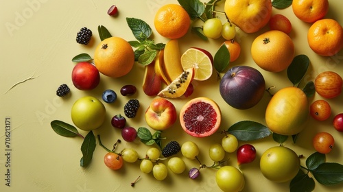 a bunch of different types of fruits on a yellow surface with leaves and berries on the top of the picture.
