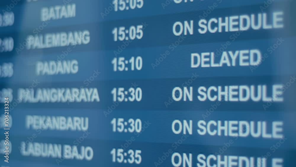 Screens of flight schedules for various cities in Indonesia show updates on the status of flight delays and arrivals at the airport while people pass by Screens of flight schedules for various cities in Indonesia show updates on the status of flight delays and arrivals at the airport while people pass by